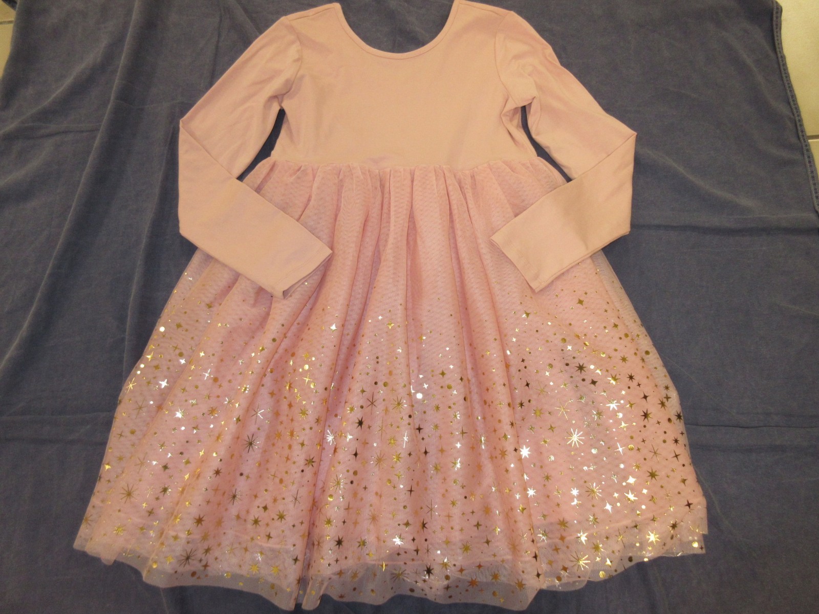 Girls HANNA ANDERSSON Dress Sz 150 or 12 Pink w/ TULLE Skirt GOLD STARS Metallic