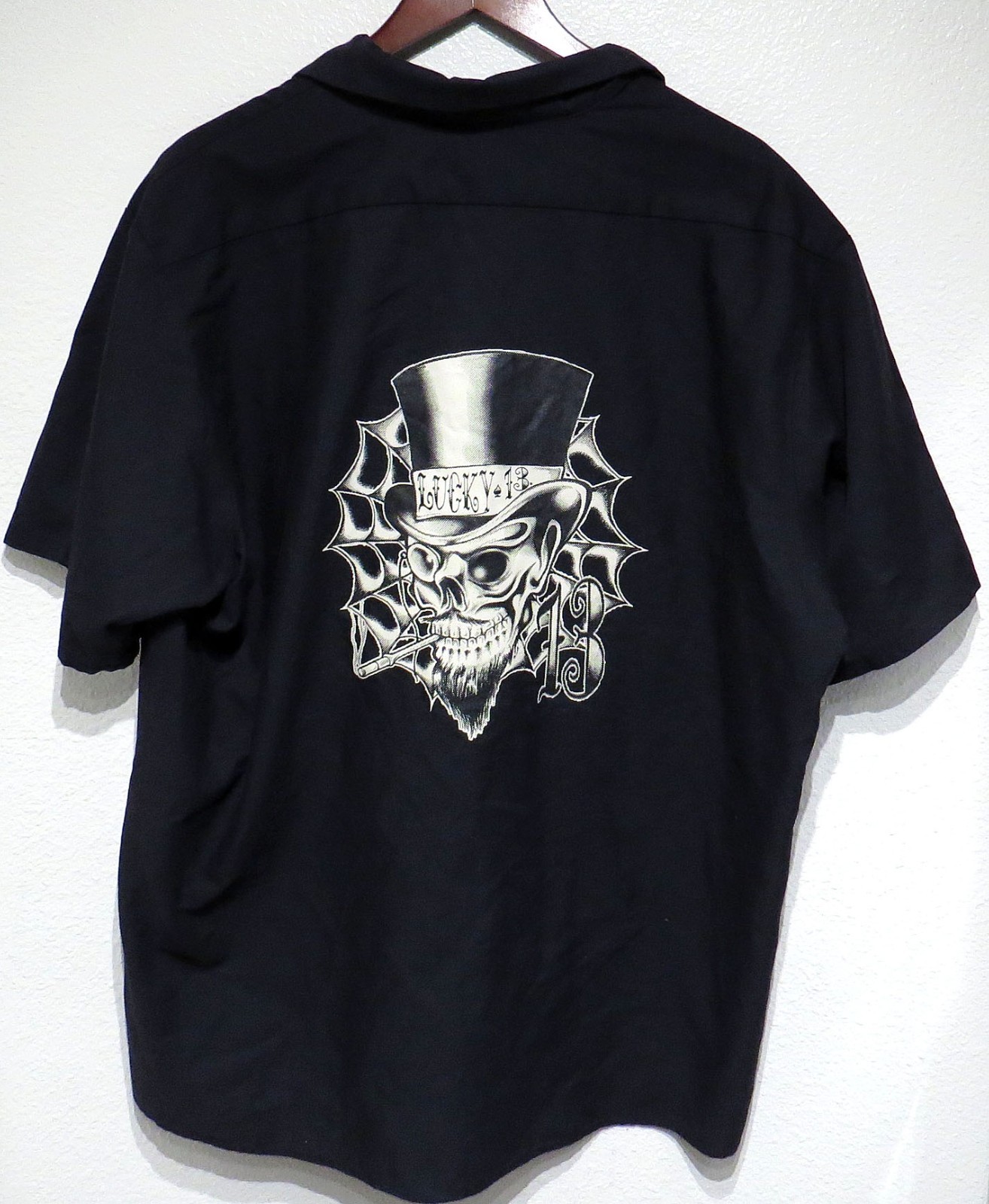vtg Lucky 13 SKULL SPIDER WEB Black Work Shirt 2XL Top Hat Cigarette Y2K 2000s