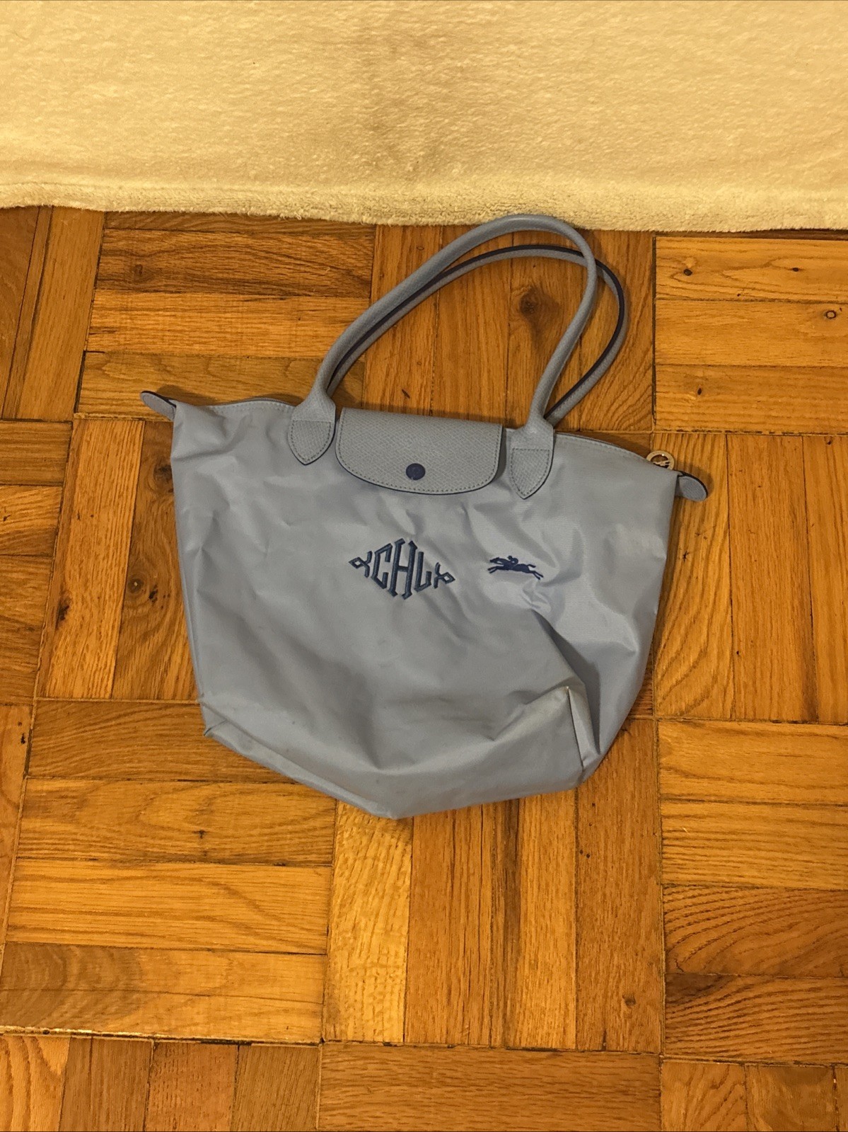 Longchamp Le Pliage Bag Womens Medium Sky Blue Nylon Tote Leather Trim 