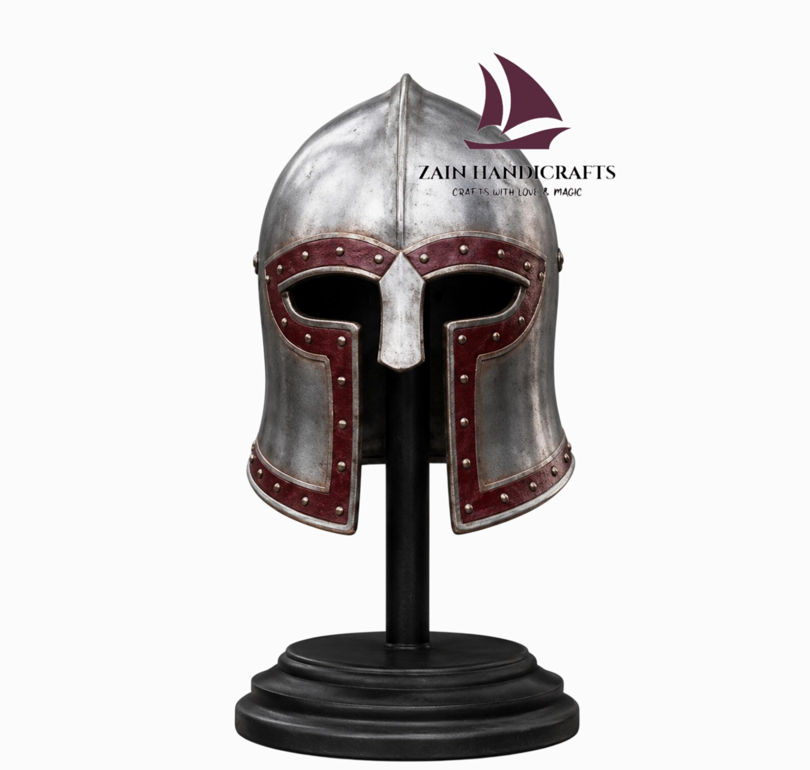 ZAIN Handmade Steel Norman Helmet Red Trim Viking Warrior Headpiece LARP Armor