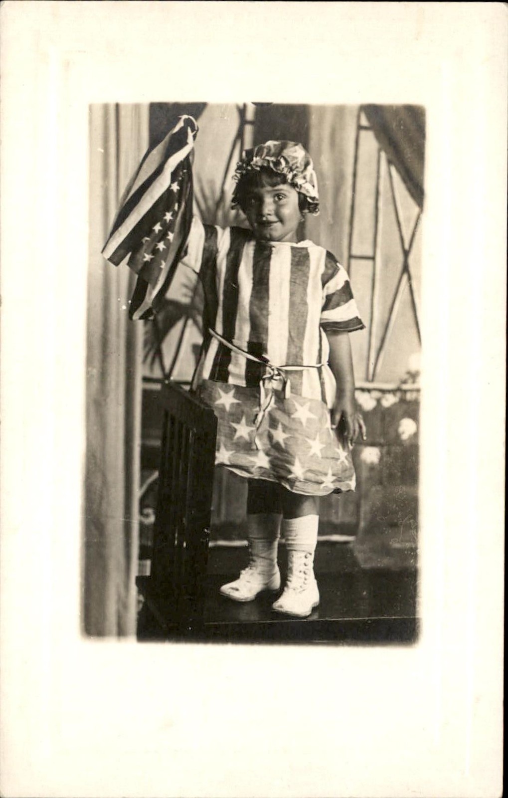 Patriotic little girl Decked Out American Flag Outfit c1910s RPPC Postcard bhn Patriotic little girl Decked Out American Flag Outfit c1910s RPPC Postcard bhn