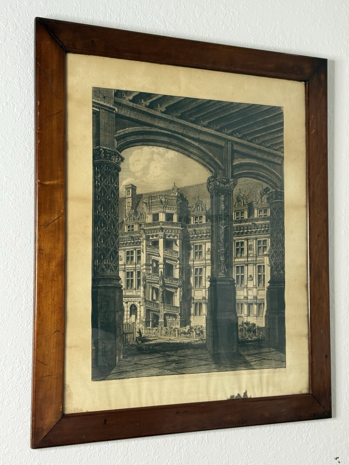 Antique 1868 Engraving Chateau de Blois Grand Escalier François I Framed 32x28 A