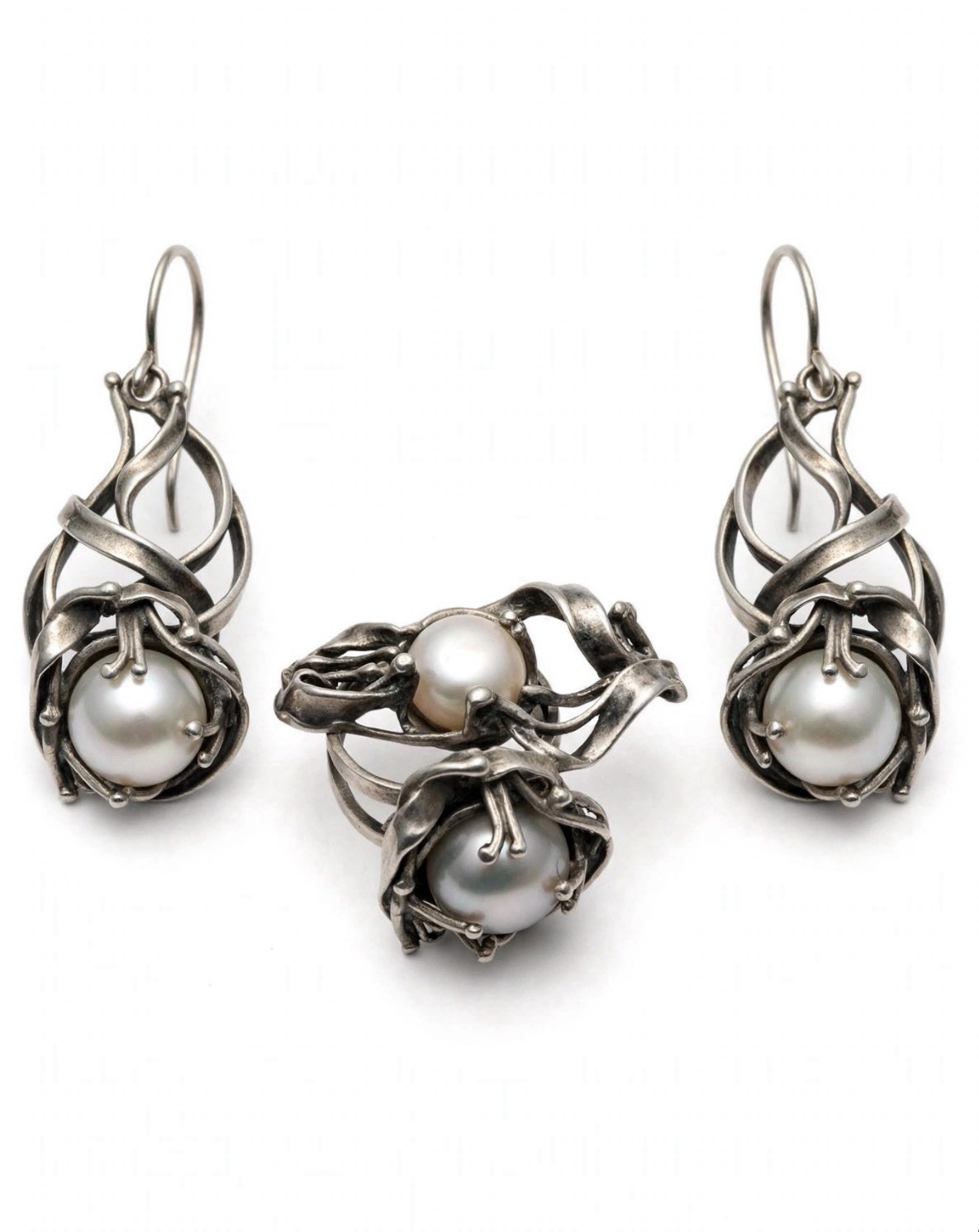 Vintage Israeli 925 Silver Pearl Ring & Earrings Set 25.22g