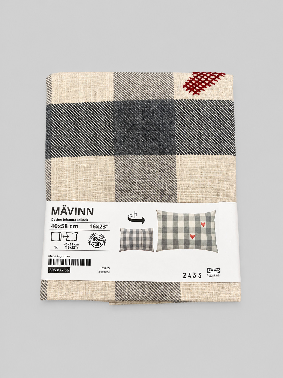 IKEA MAVINN Cushion Cover, Check Grey Heart Red, 16x23\
