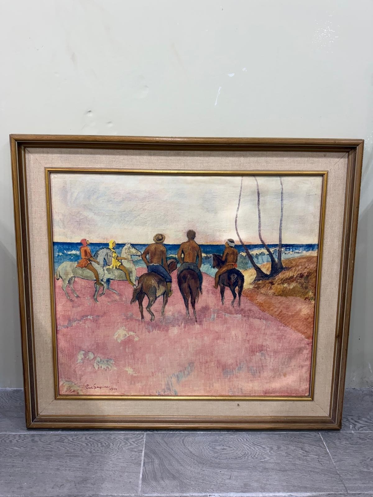 Paul Gauguin Style Riders on the Beach Print Framed Oil Painting 32 1/2