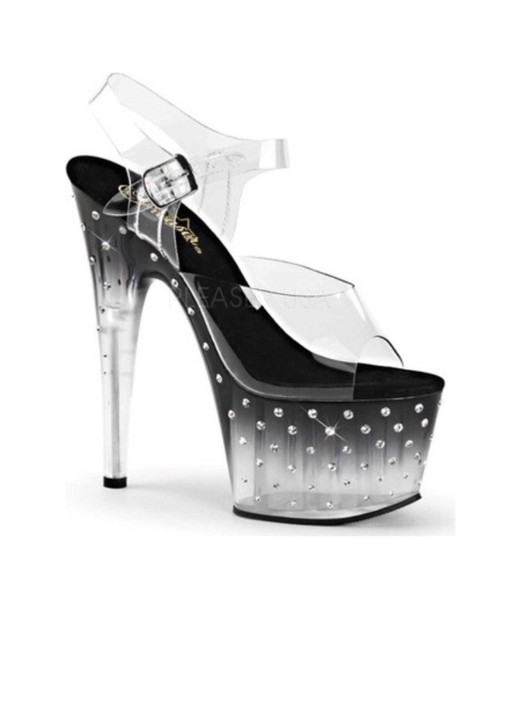 Pleaser STARDUST-708T Clear Black Platform Ankle Strap Sandal Rhinestones Studs