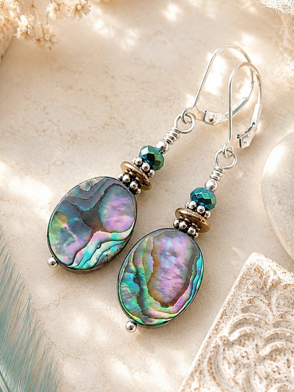 Abalone Shell Earrings 925 Sterling Silver Genuine Shell Leverback Handcrafted