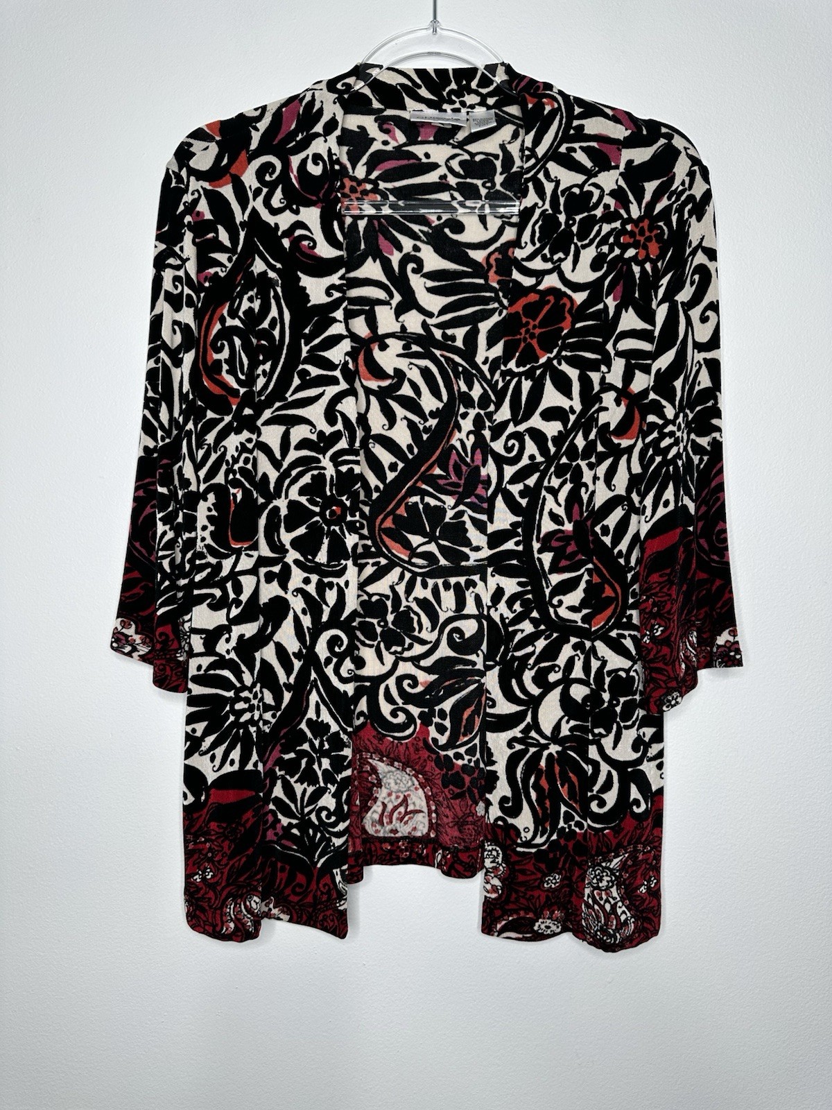 Chicos Travelers Slinky Open Cardigan Size S Black Multi Floral Boho Artsy Chicos Travelers Slinky Open Cardigan Size S Black Multi Floral Boho Artsy