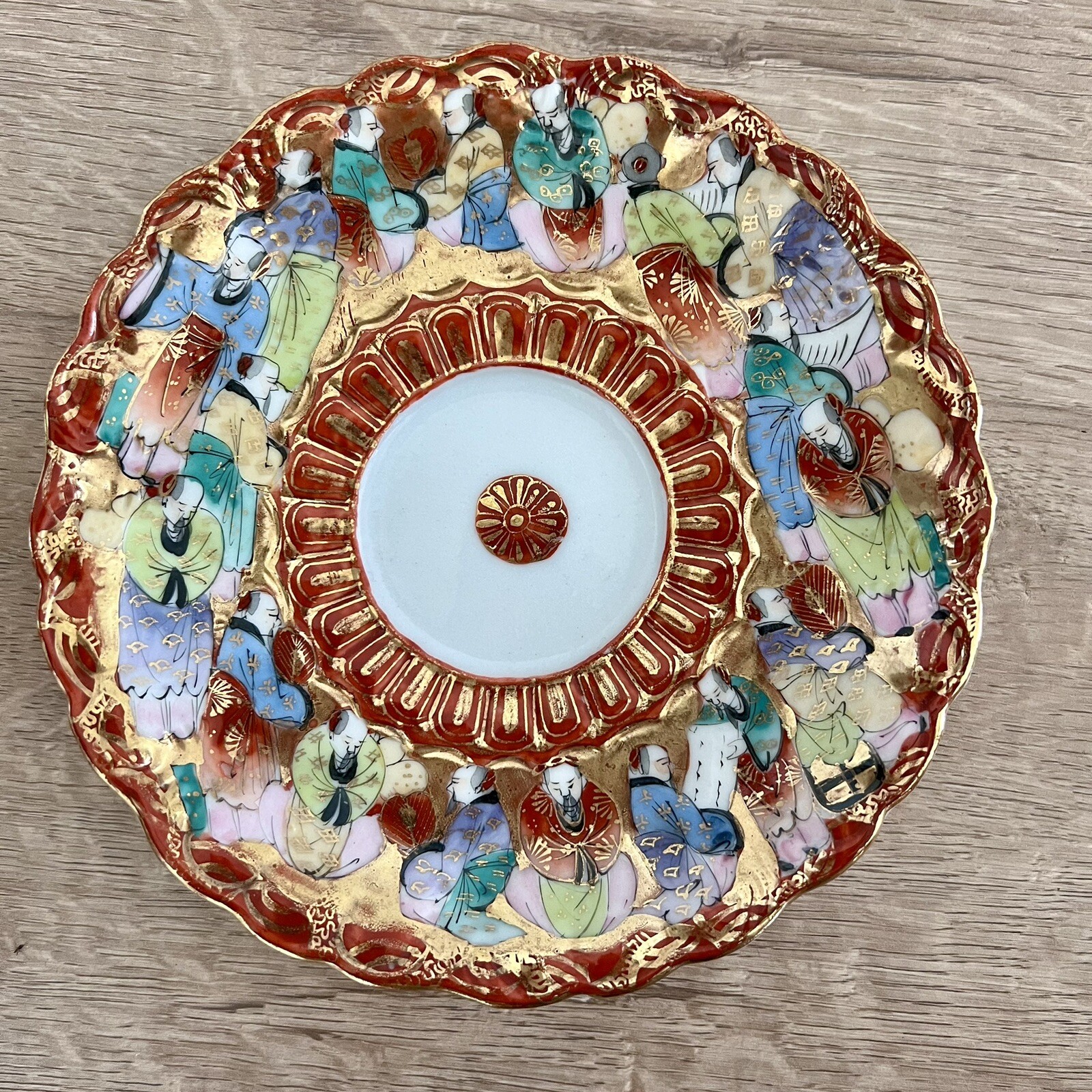 Antique 1920s Japanese Satsuma Hand Painted Plate People Red Gold Trim 6”