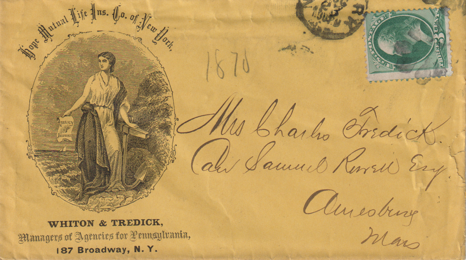 Advertising Cover Life Insurance Lady Policy Vignette New York NY c1870