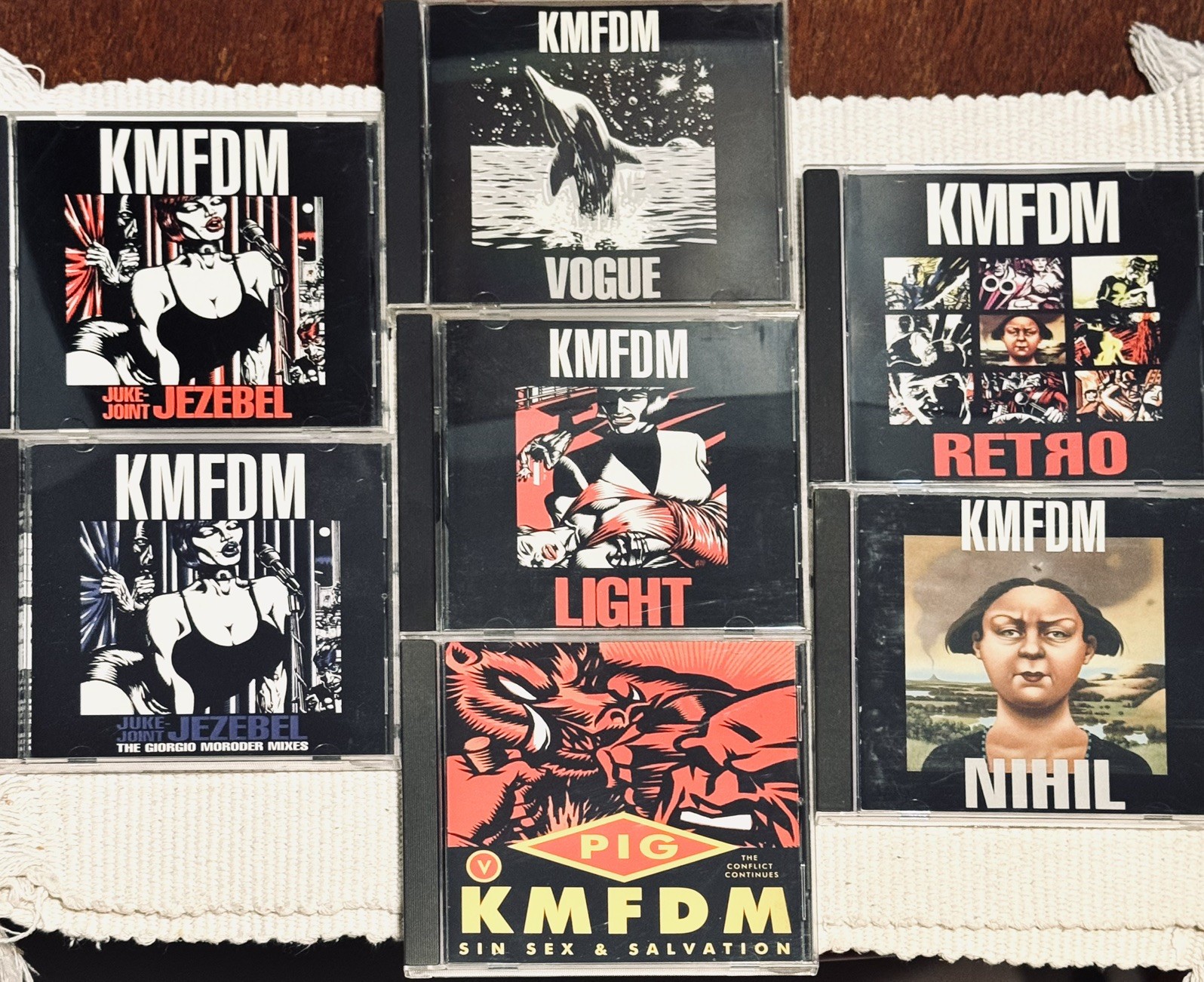 KMFDM 7 CD Lot **  Nihil Retro Promo TVT Wax Trax Juke-Joint Jezebel Light Vogue