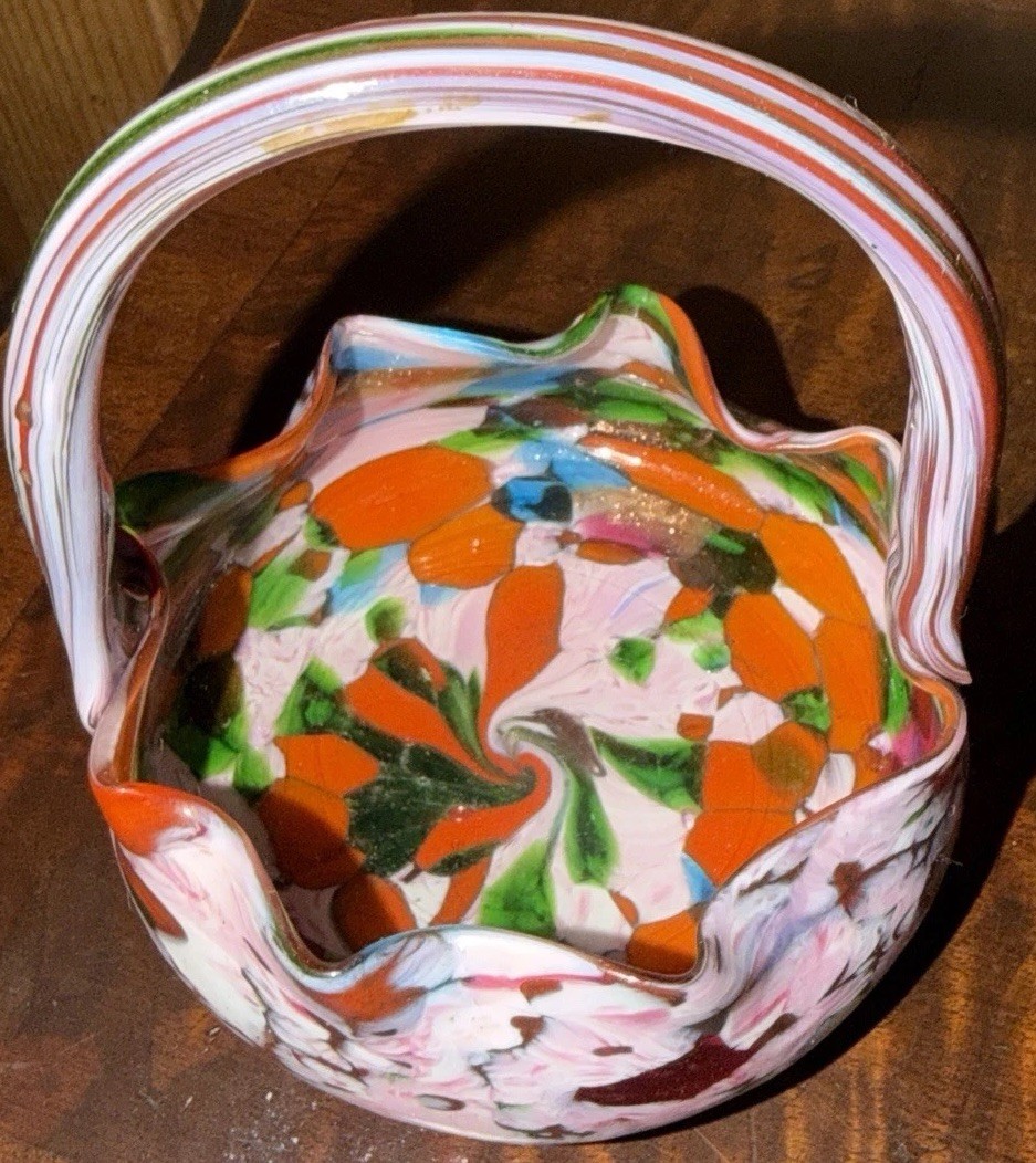 Vintage Hand Blown Spatter Art Glass Basket Ruffled Confetti Murano Boho Style Vintage Hand Blown Spatter Art Glass Basket Ruffled Confetti Murano Boho Style