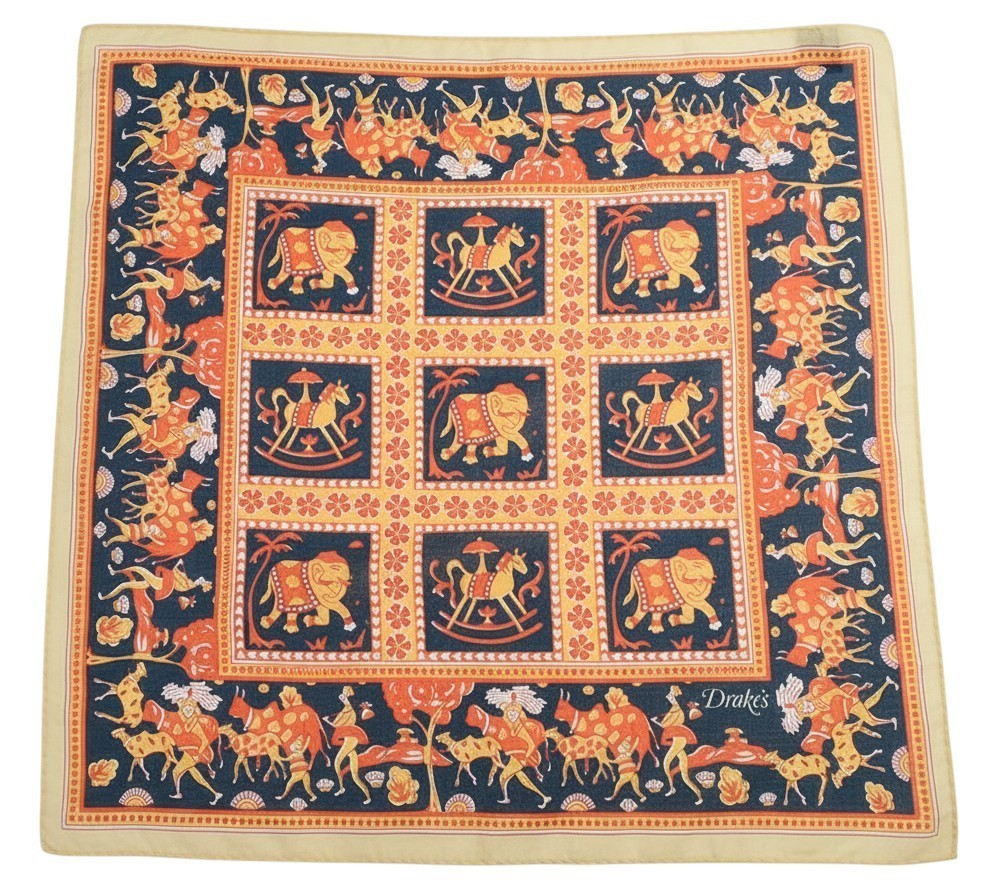 DRAKE\'S Orange Navy ELEPHANT Archival Print Cotton Pocket Square Italy NWOT