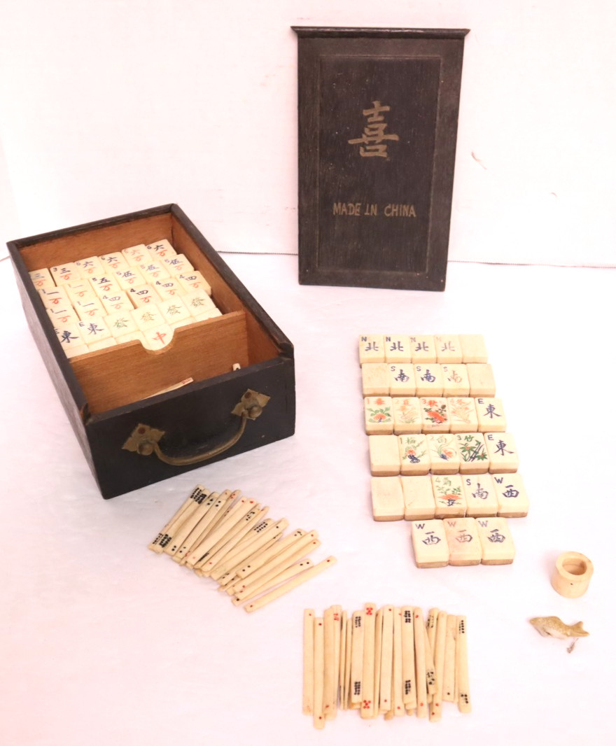 ATQ MAH JONGG SET BONE BAMBOO RARE HAND Carved mahjong THICK TILES Wood Case*