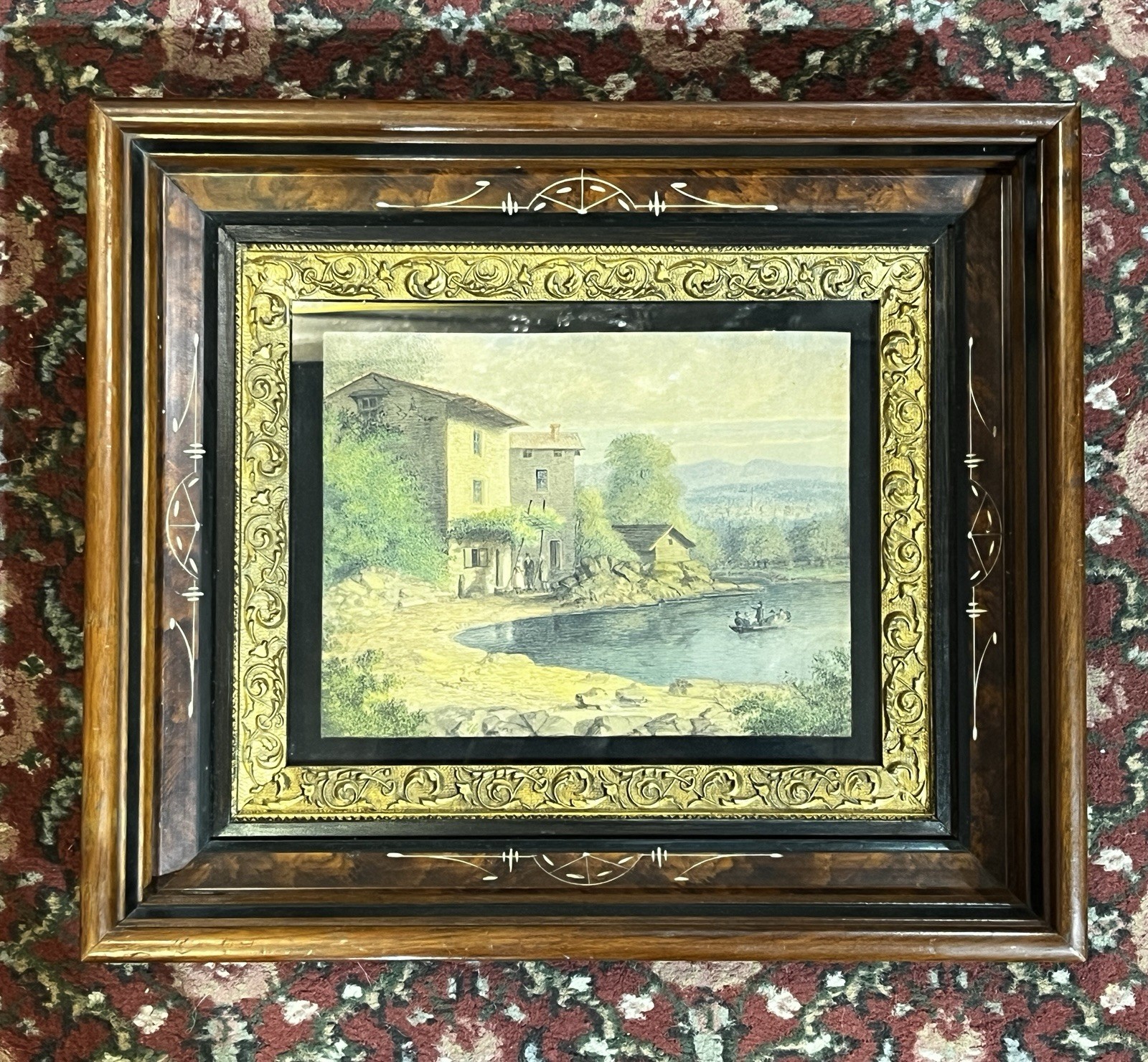 Hudson River School watercolor painting With Wood Eastlake Frame Hudson River School watercolor painting With Wood Eastlake Frame