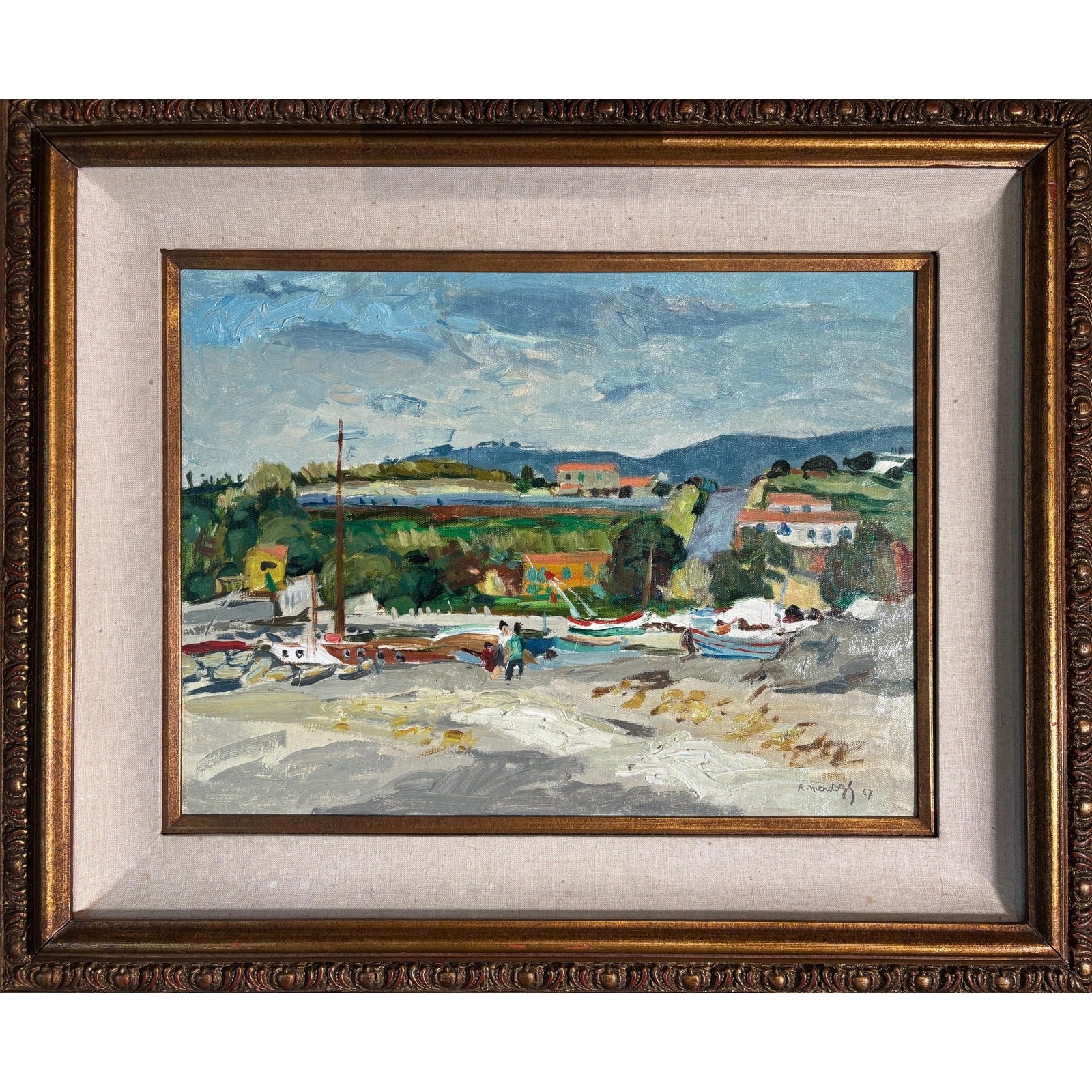 Vintage French Coastal Oil Painting, Harbor, Robert Mendoze 67, Large Framed Art