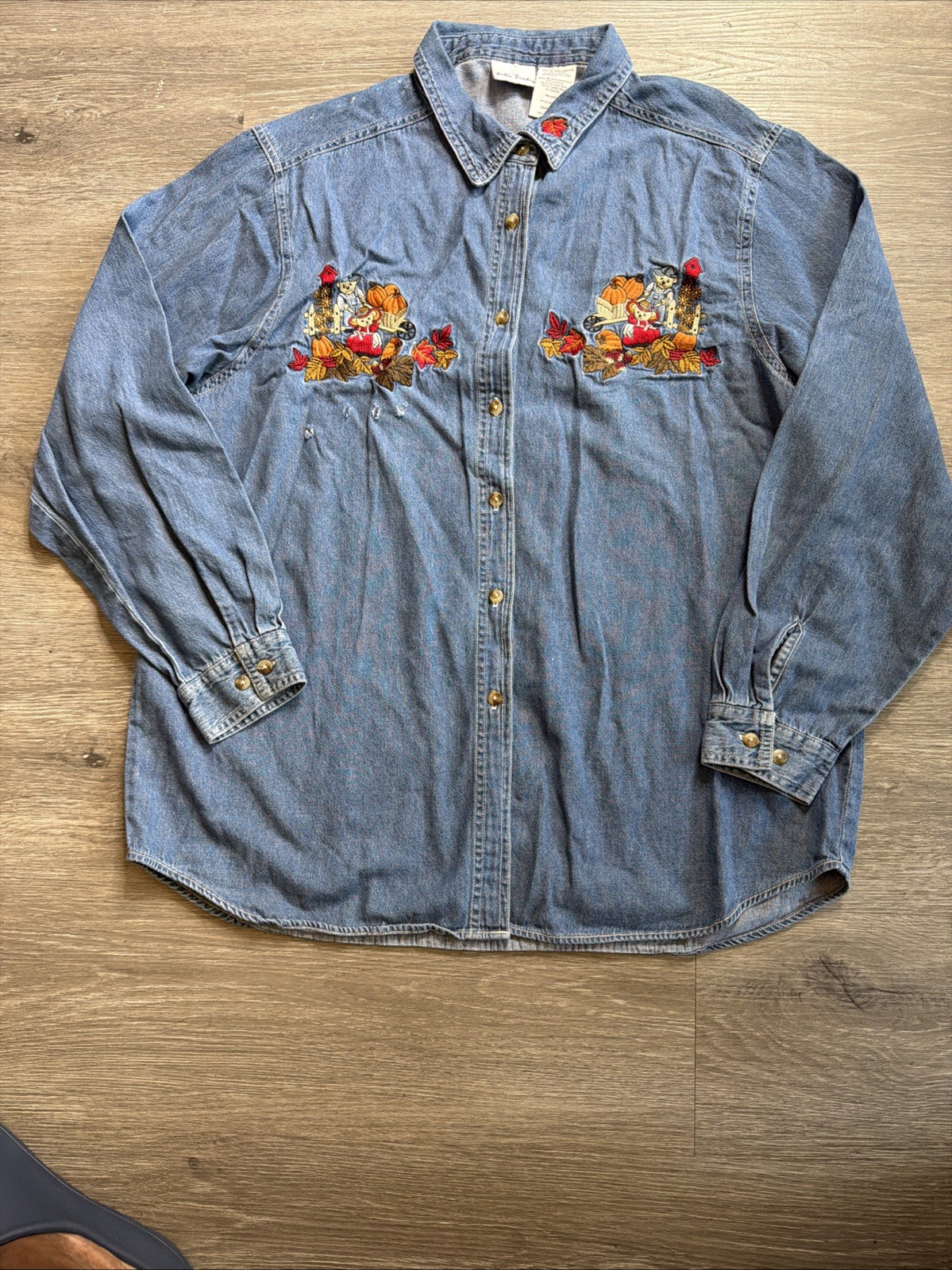 Vintage Bobbie Brooks Fall Embroidered Denim Button-Up Shirt Women’s XL-0004