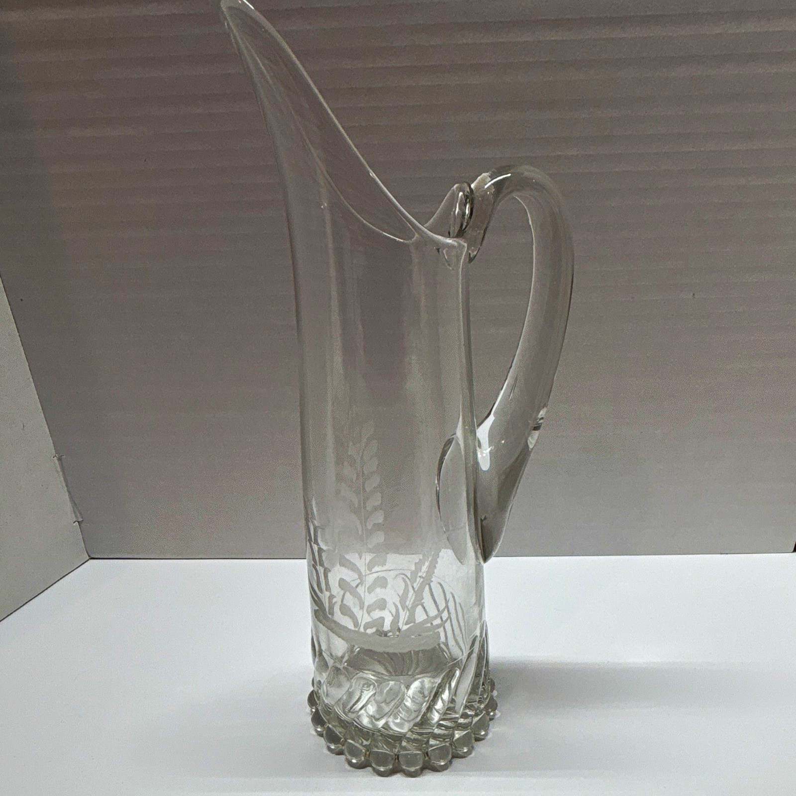 Antique EAPG McKee Glass Swirl & Ball Water Pitcher Tankard Fern Etched 1894