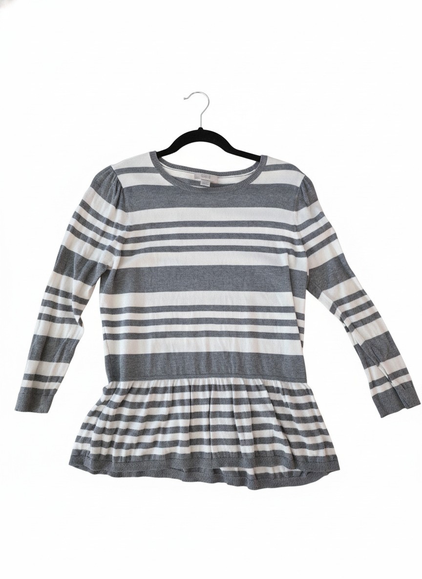 EUC LOFT Women\'s Gray and White Striped Long Sleeve Peplum Top Size L EUC LOFT Women\'s Gray and White Striped Long Sleeve Peplum Top Size L