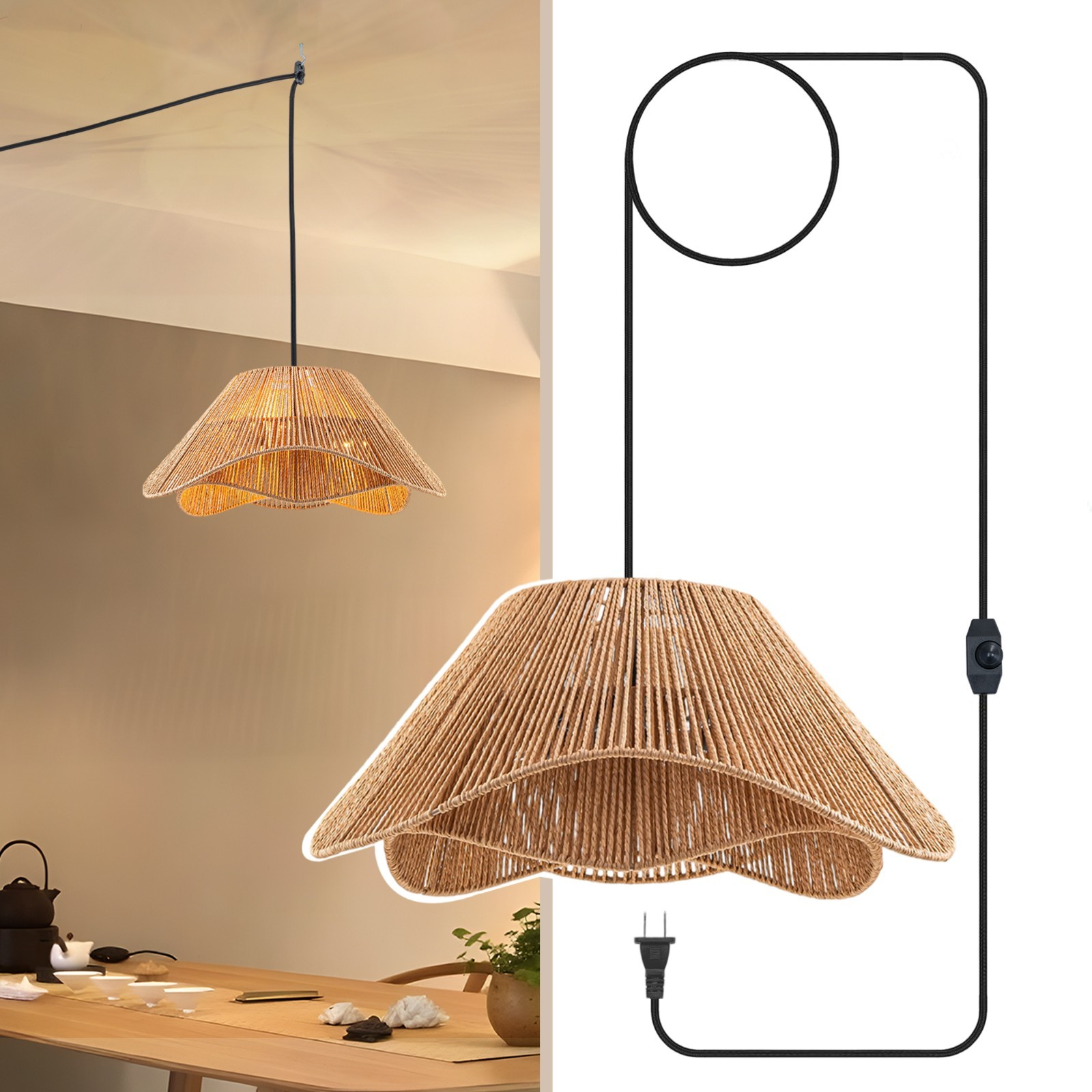FTL Woven Plug in Pendant Light 20\'\' Rattan Boho Hanging Lamp Dimmable 3-Lights