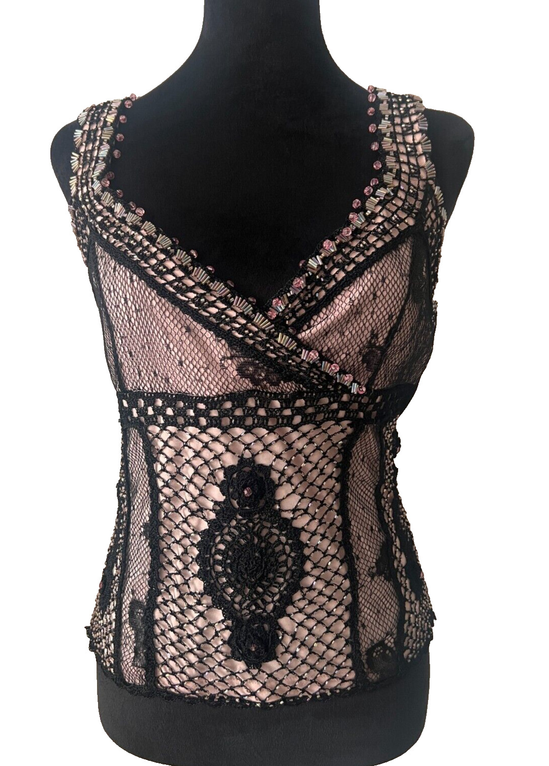 DOLCE CABO Pink Black Beaded Fishnet Embroidered Top Size Medium New with Tags