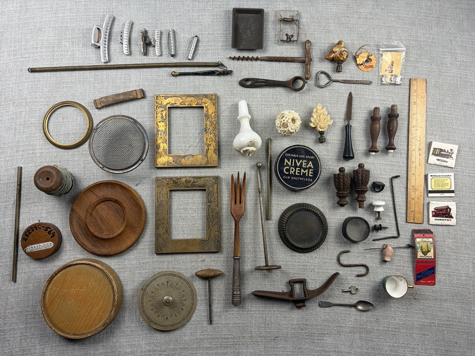 Antique Vintage Junk Drawer Lot Hardware Tools Frames Sewing Miniatures Curios