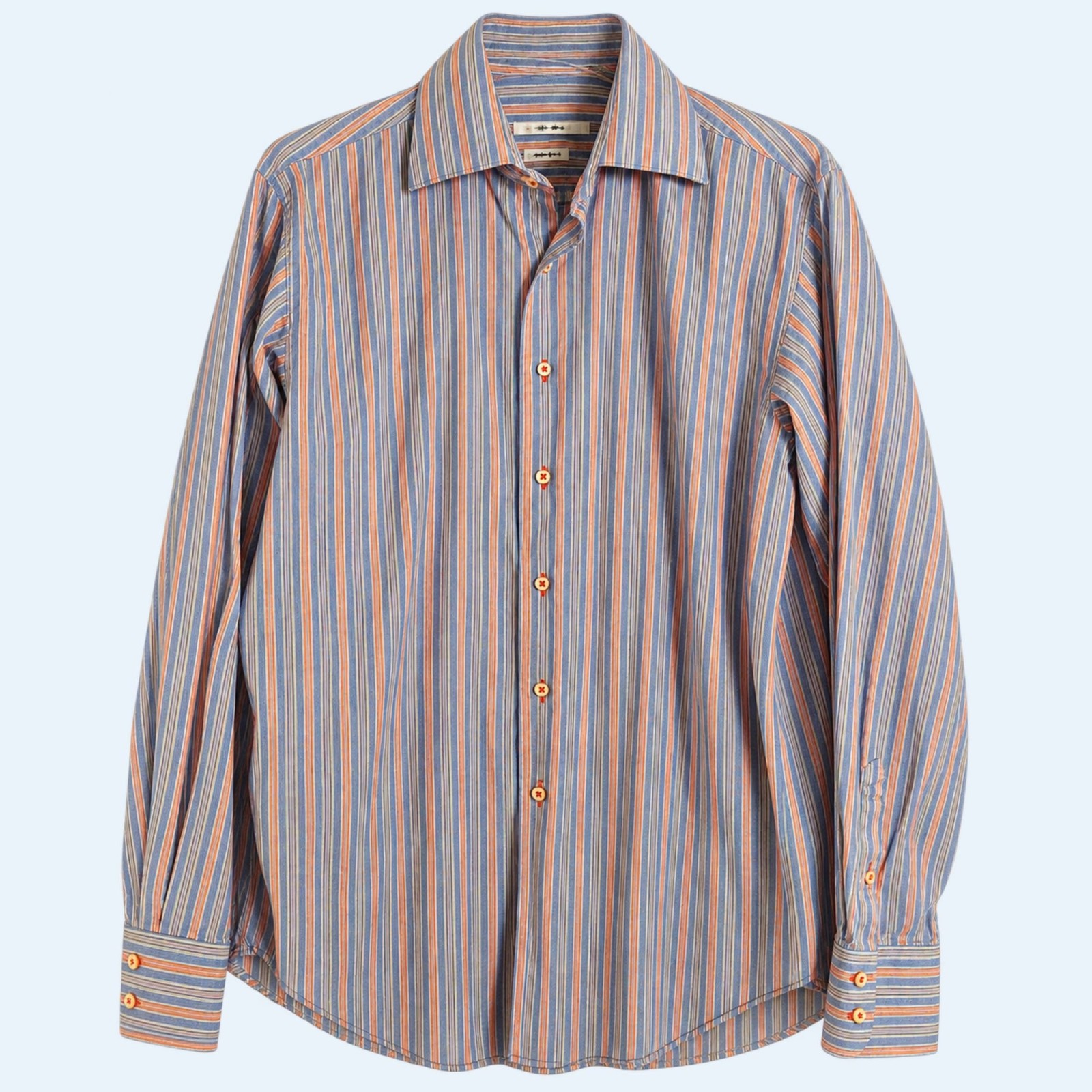 Carven Dress Shirt Mens L Double Fit 100% Cotton Blue Orange Button Down