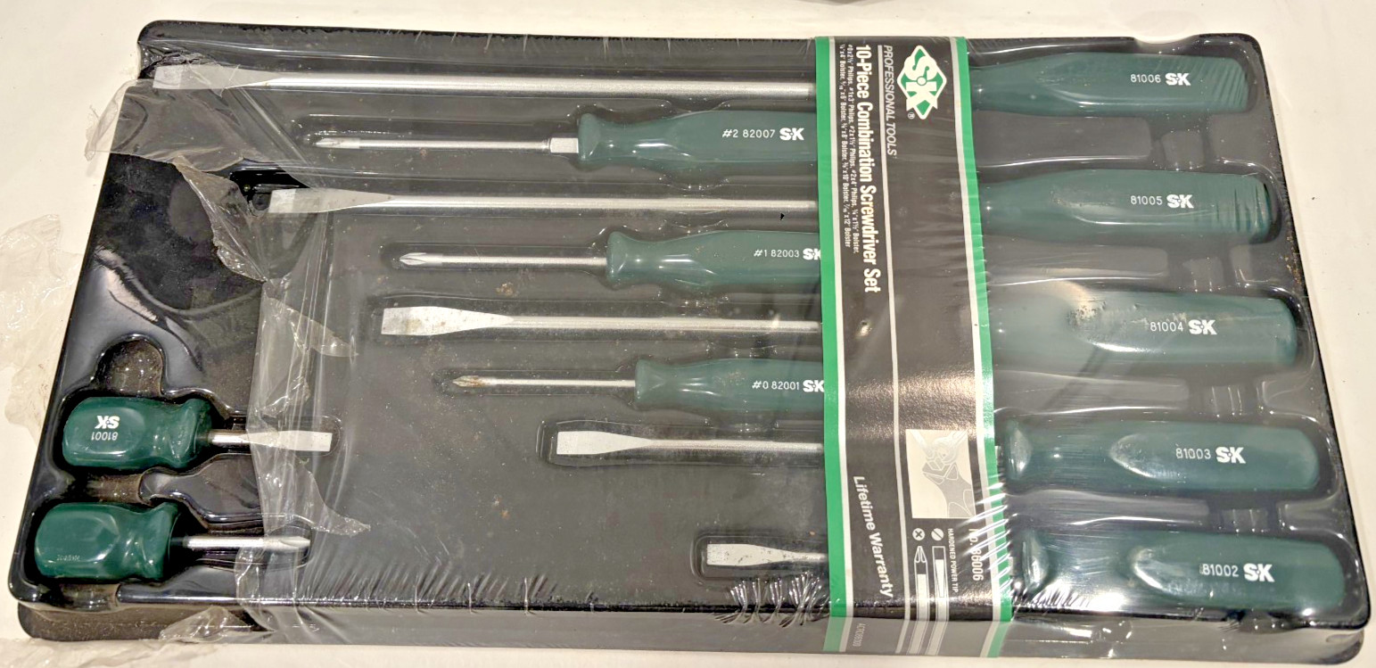 Vintage 90\'s NOS SK Hand Tools 10 Piece Screwdriver Set 86006 SureGrip Green USA