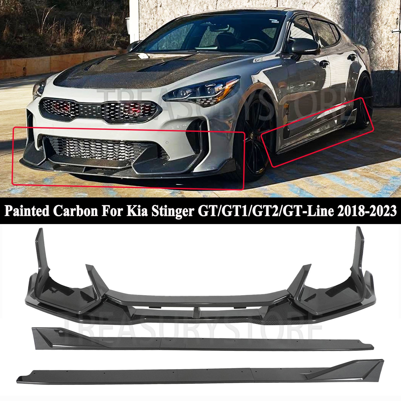 For Kia Stinger 18-23 Carbon AD Style Front Bumper Lip+Side Skirt Extension Set