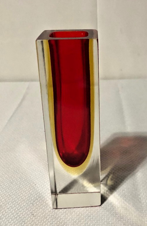 Vintage Murano Italian Sommerso Block Small Vase/Flavio Poli Style/Red & Yellow
