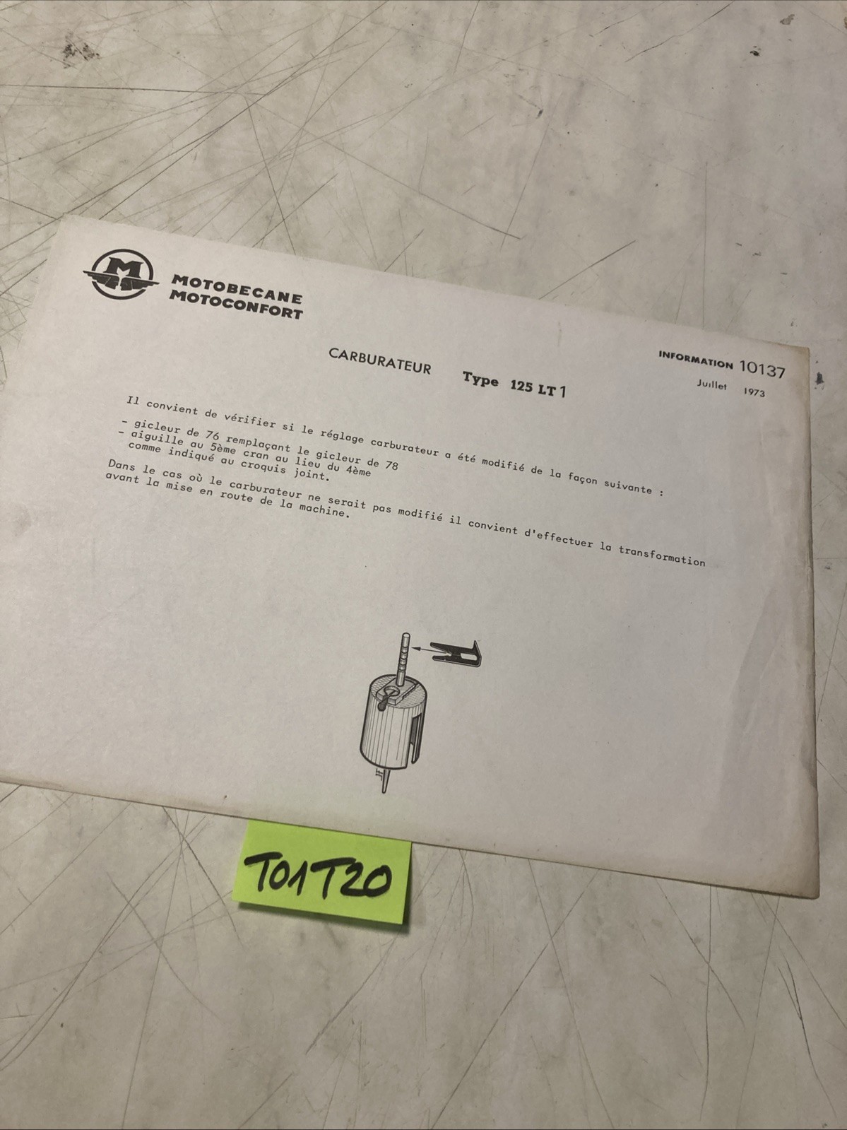 1973 Motobecane Motoconfort 125 LT1 Tuning Note Carburetor Adjustment