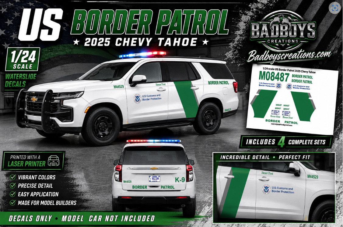 1/24 US Border Patrol 2025 Chevy Tahoe Waterslide Decals includes 4 sets
