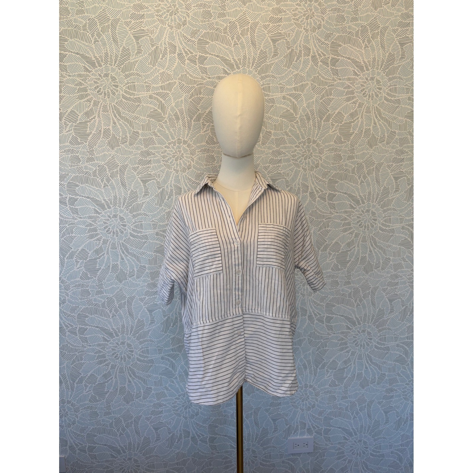 Madewell Womens XXS White Black Cotton Boxy Striped Short Sleeve Button Down