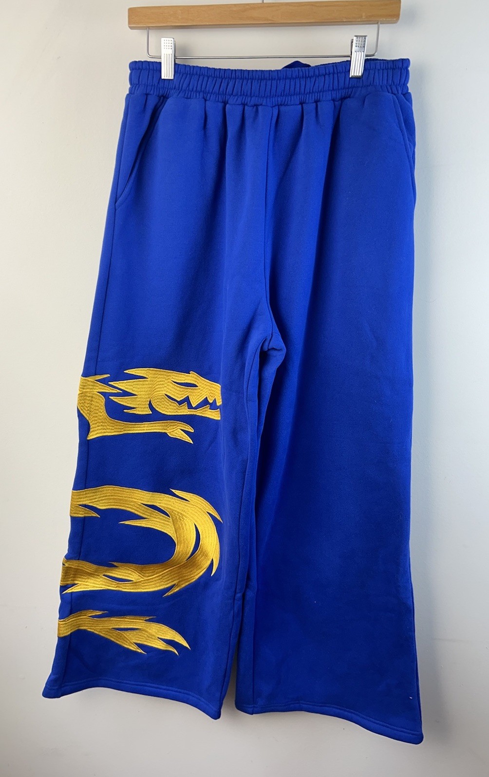 Hidden Elements  Ryu Blue Yellow Dragon Sweatpants Sz L Wide Leg Baggy New