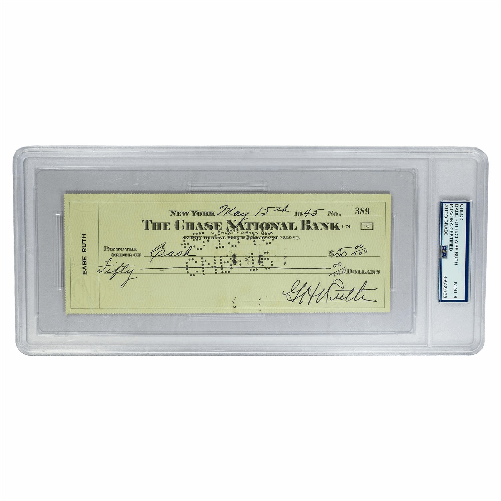 1945 Babe and Claire Ruth Signed Check PSA Auto Grade 9