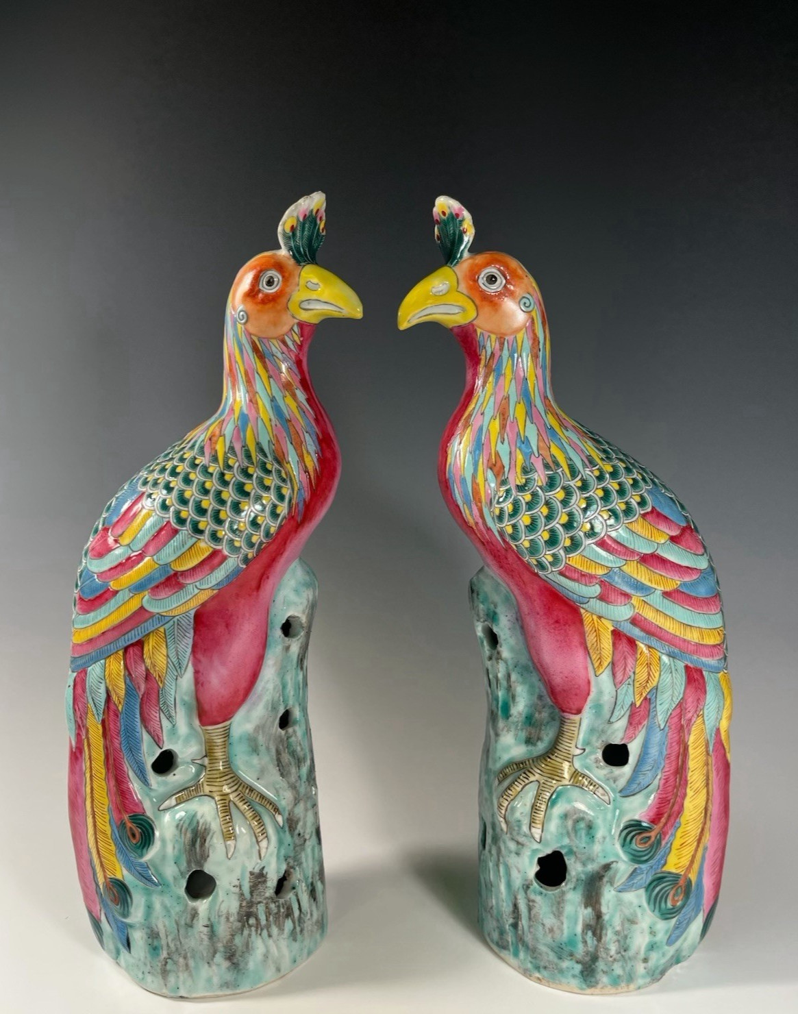 Fine Pair China Chinese Famille Rose Porcelain Peacoks ca. 19th century