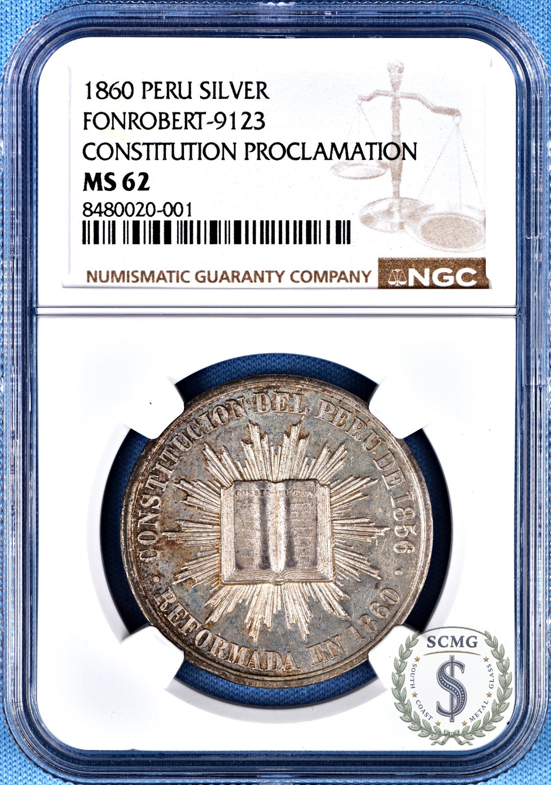 1860 Peru Silver Medal FONROBERT-9123 CONSTITUTION PROCLAMATION NGC MS 62 - Rare