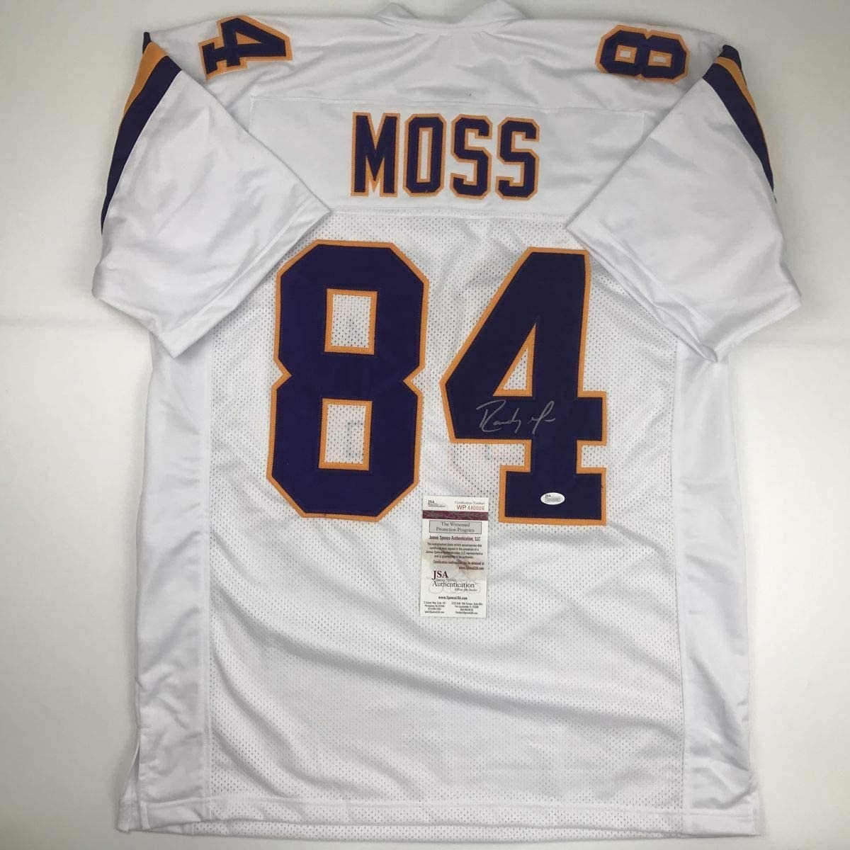 Autographed/Signed Randy Moss Minnesota White Football Jersey JSA COA Autographed/Signed Randy Moss Minnesota White Football Jersey JSA COA