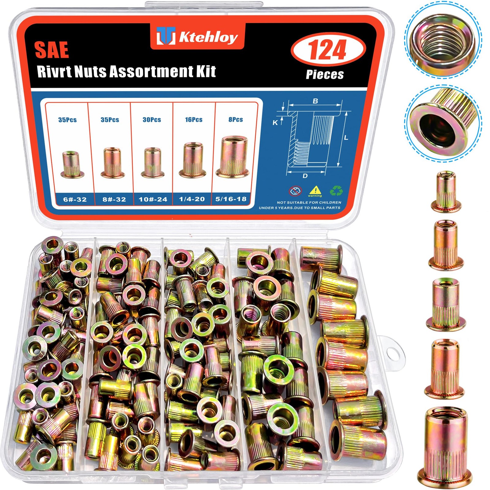 Ktehloy 124Pcs SAE UNC Rivet Nut Assortment Kit, Kit - 124 Pcs, Yellow