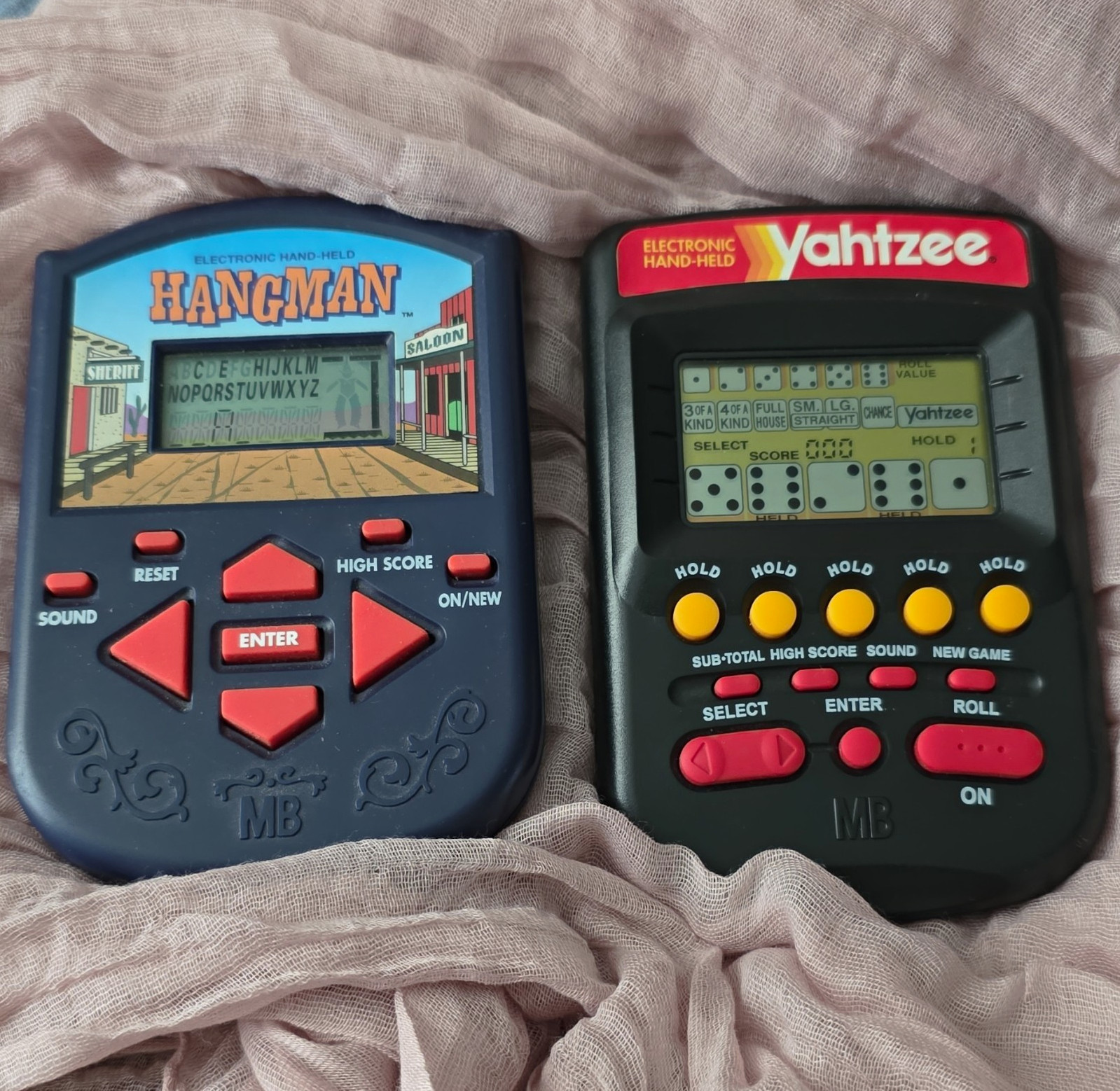 Vintage 1995 Milton Bradley Electronic Handheld Yahtzee & Hangman Game Lot WORKS Vintage 1995 Milton Bradley Electronic Handheld Yahtzee & Hangman Game Lot WORKS