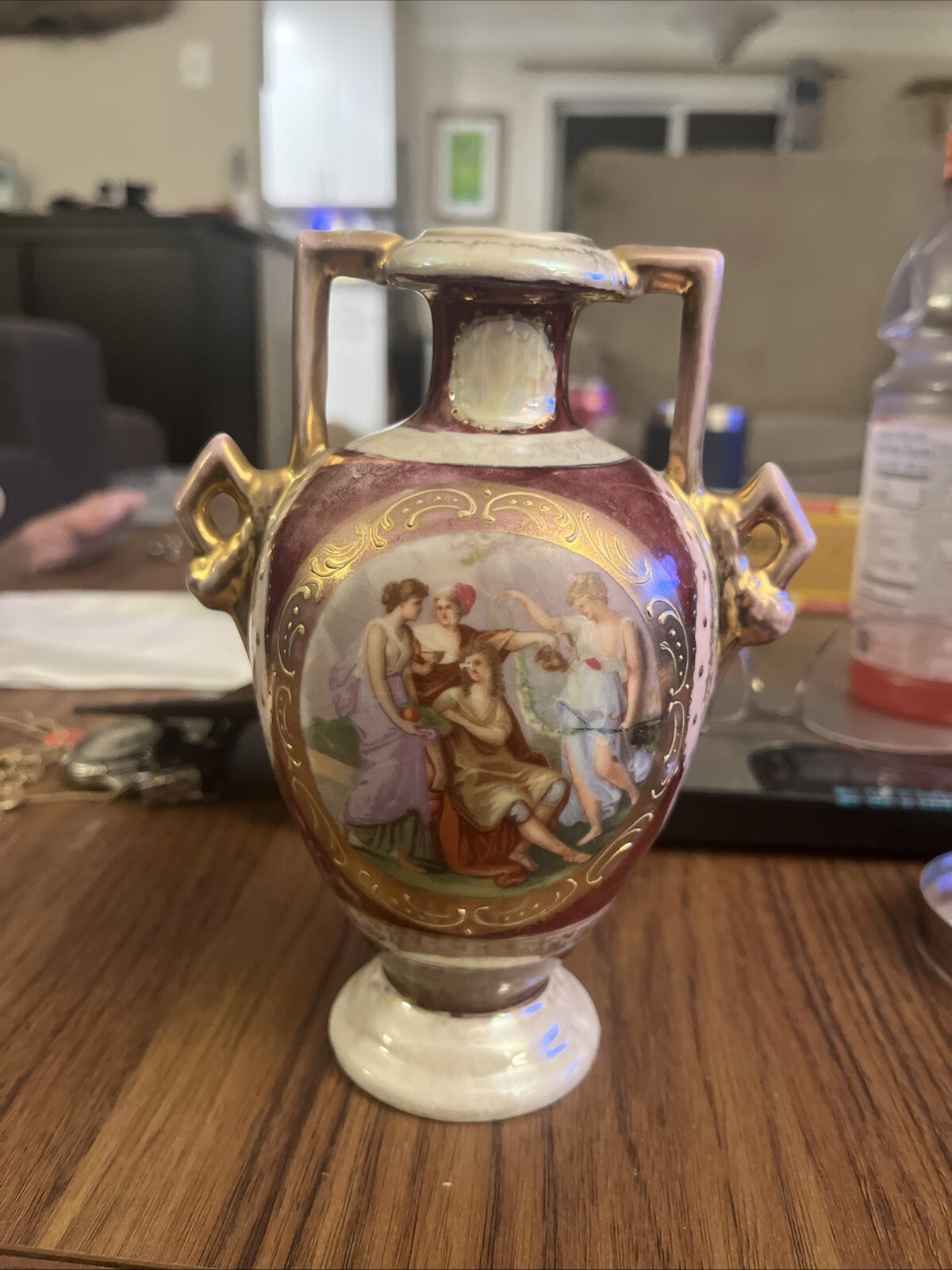 Royal Vienna Vase Classical Scene 6” Tall Makers Mark Maroon Violet