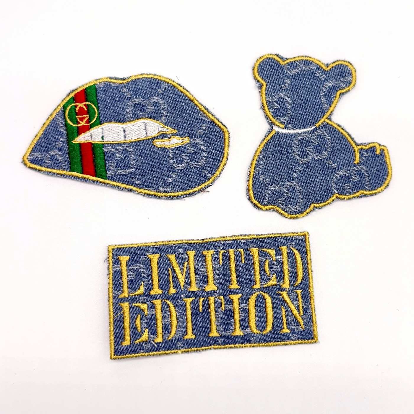 New 3PC Limited Edition Embroidered Iron-On Patch Set Denim Bear Lips New 3PC Limited Edition Embroidered Iron-On Patch Set Denim Bear Lips