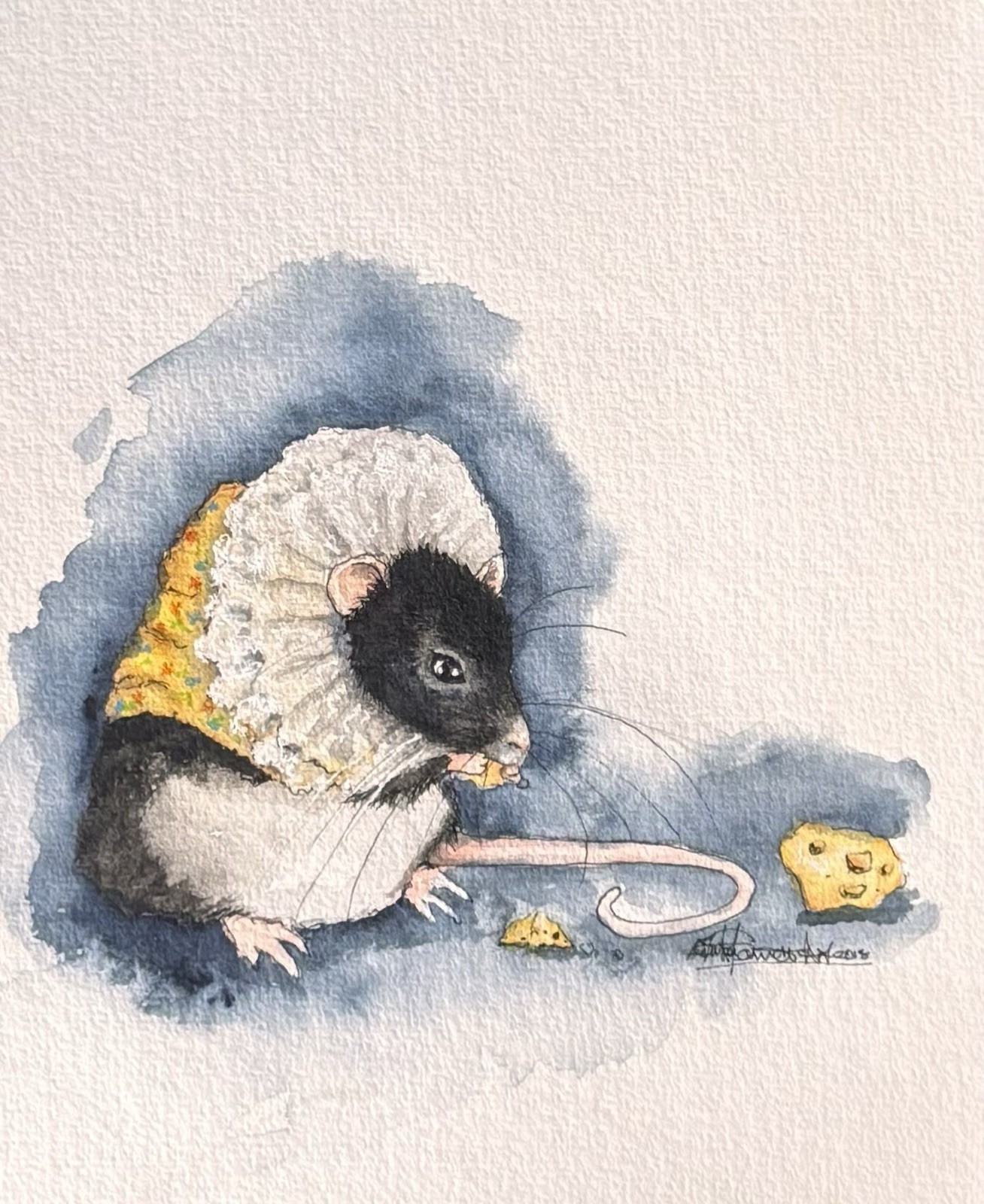 OOAK Origional watercolor mouse eating cheese signed by artist Edith Schmidt OOAK Origional watercolor mouse eating cheese signed by artist Edith Schmidt