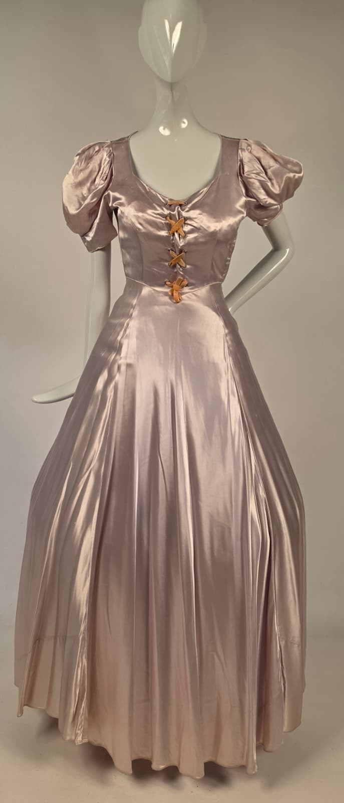 LATE 1930’S SLIPPER SATIN DRESS W PUFF SLEEVES + RHINESTONE GROMMETS W LACING