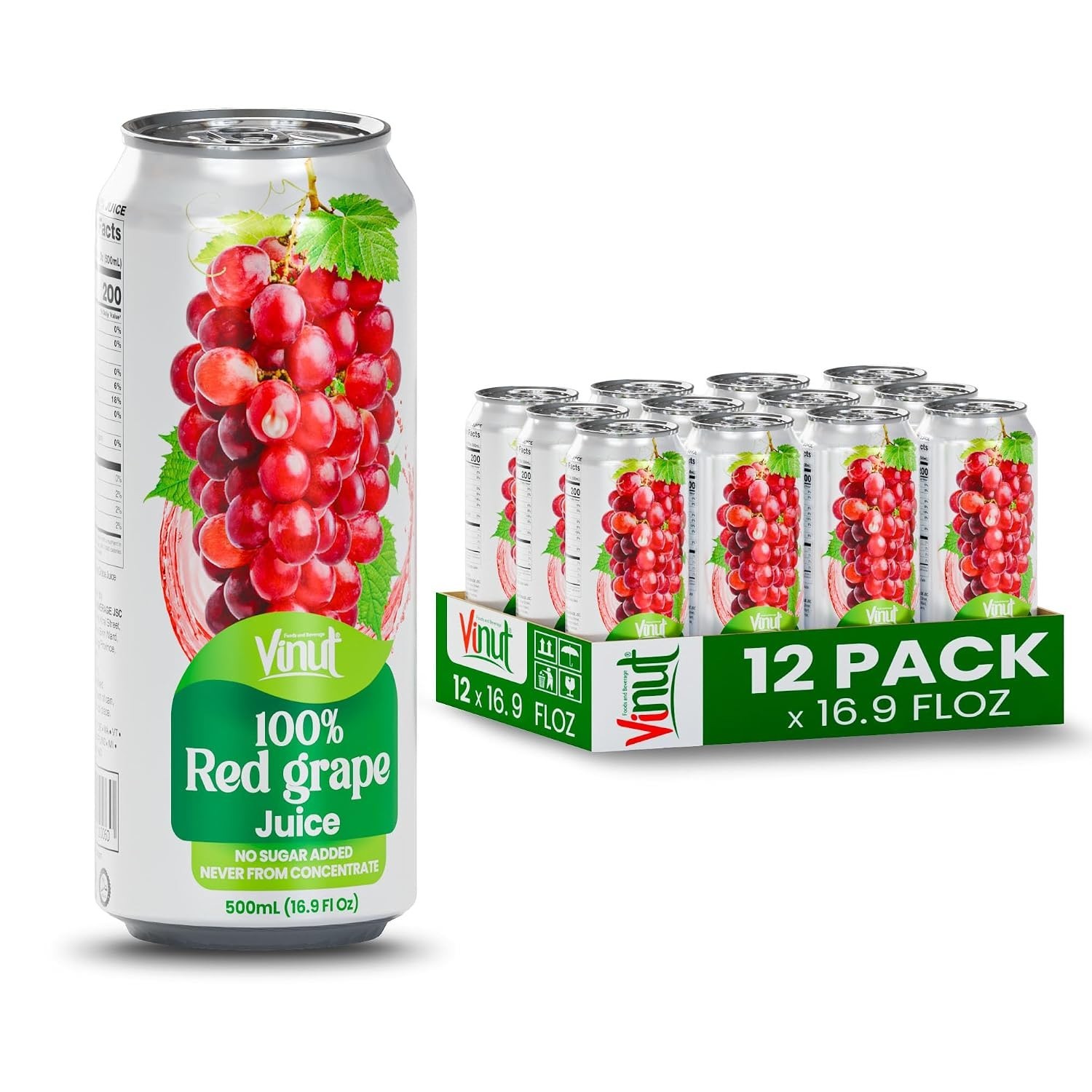 VINUT 100% Red Grape Juice, No Added Sugar,16.9 fl oz (500 mL) Can, Pack of 12