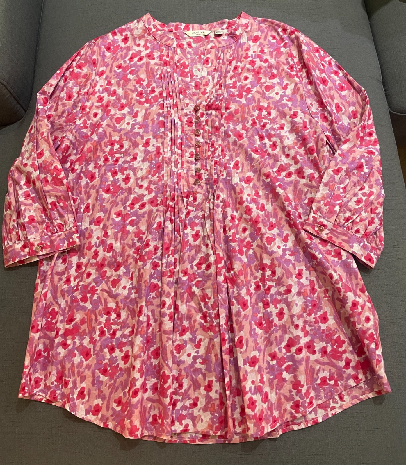 Liz Claiborne NY Pink Purple Floral Pintuck Cotton Tunic Blouse Top Size XL NWOT