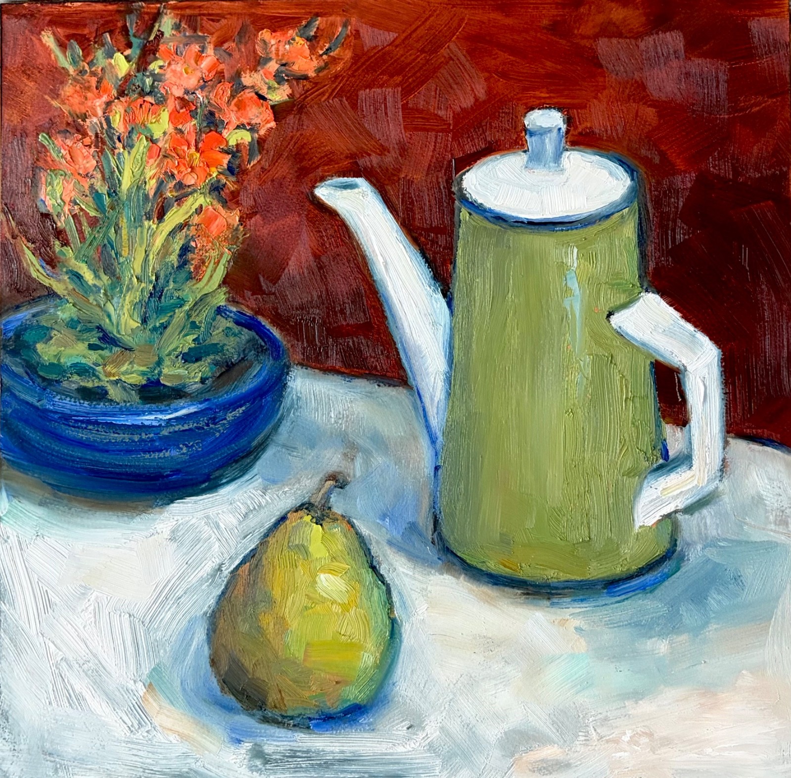 Silvia Trujillo Art original impasto oil still life retro coffee tea pot w/ pear