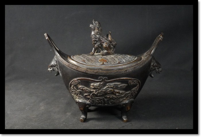 Vintage Chinese Copper Dragon Tripod Incense Burner Censer Lion Antique Decor