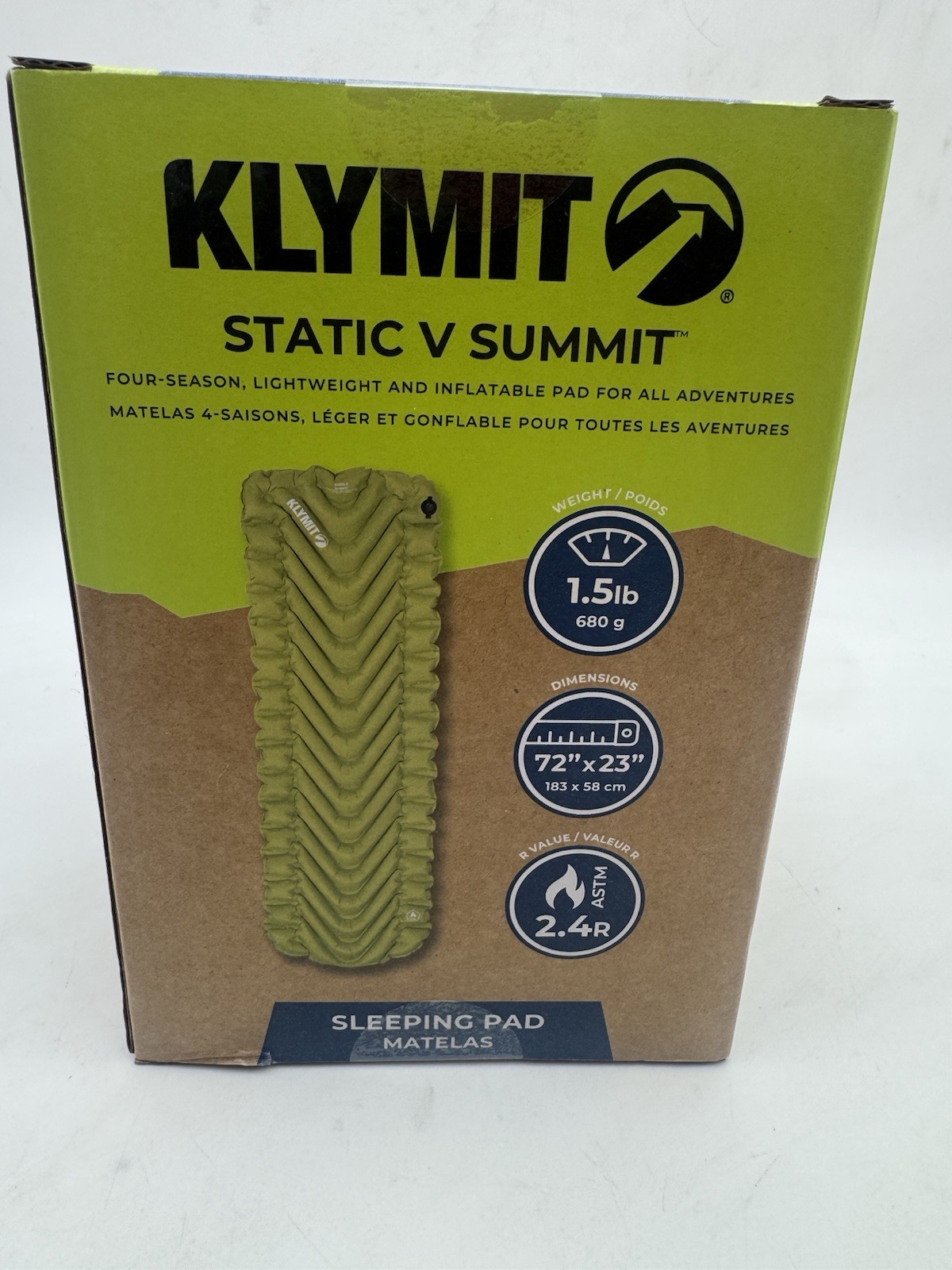 Klymit  Static V Summit Sleeping Pad Matelas 1.5lbs  72 x 23 2.4R 2.5” Inflatabl