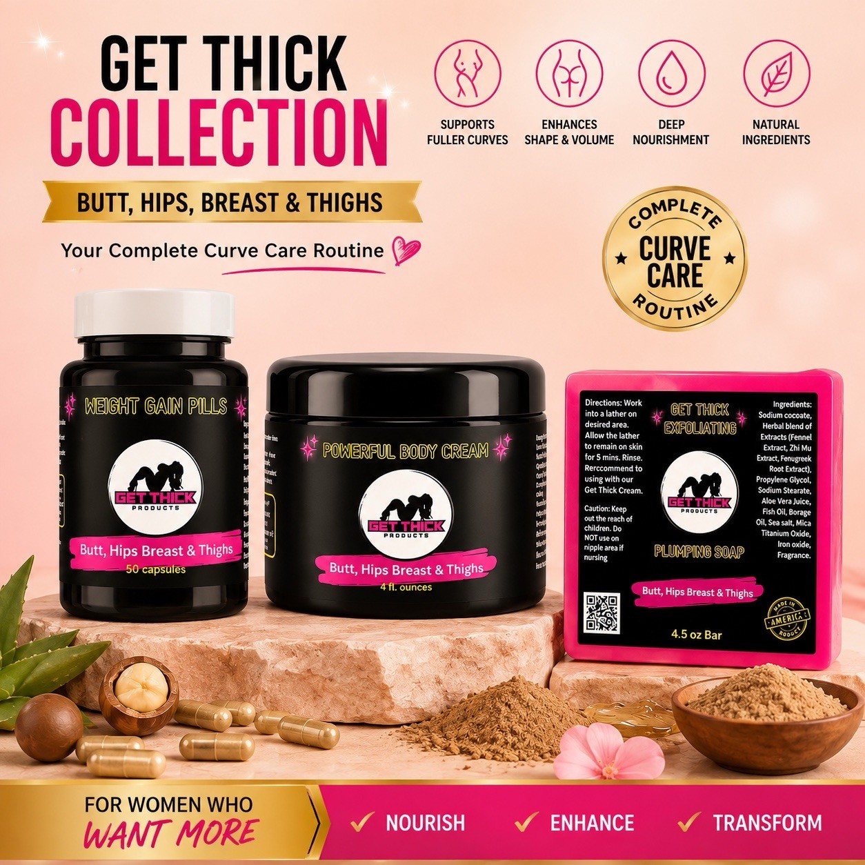 Get Thick Powerful Butt, Hips Thigh + Weight Gain Capsules + Plumping Soap - Set